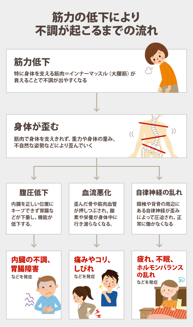 筋力の低下により不調が起こるまでの流れ